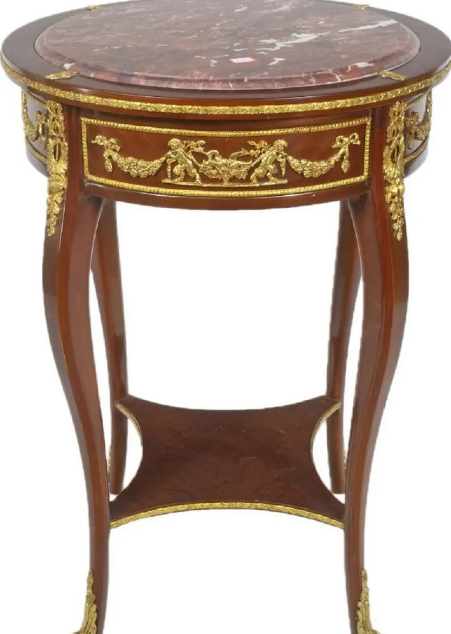 Casa Padrino Barock Beistelltisch mit Marmorplatte Braun / Gold / Rot Ø 45 x H. 75 cm - Runder Tisch im Barockstil - Barock Möbel