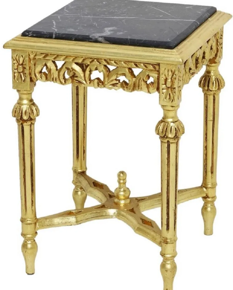 Casa Padrino Barock Beistelltisch Gold / Schwarz - Prunkvoller Massivholz Tisch mit Marmorplatte - Barock Wohnzimmer Möbel