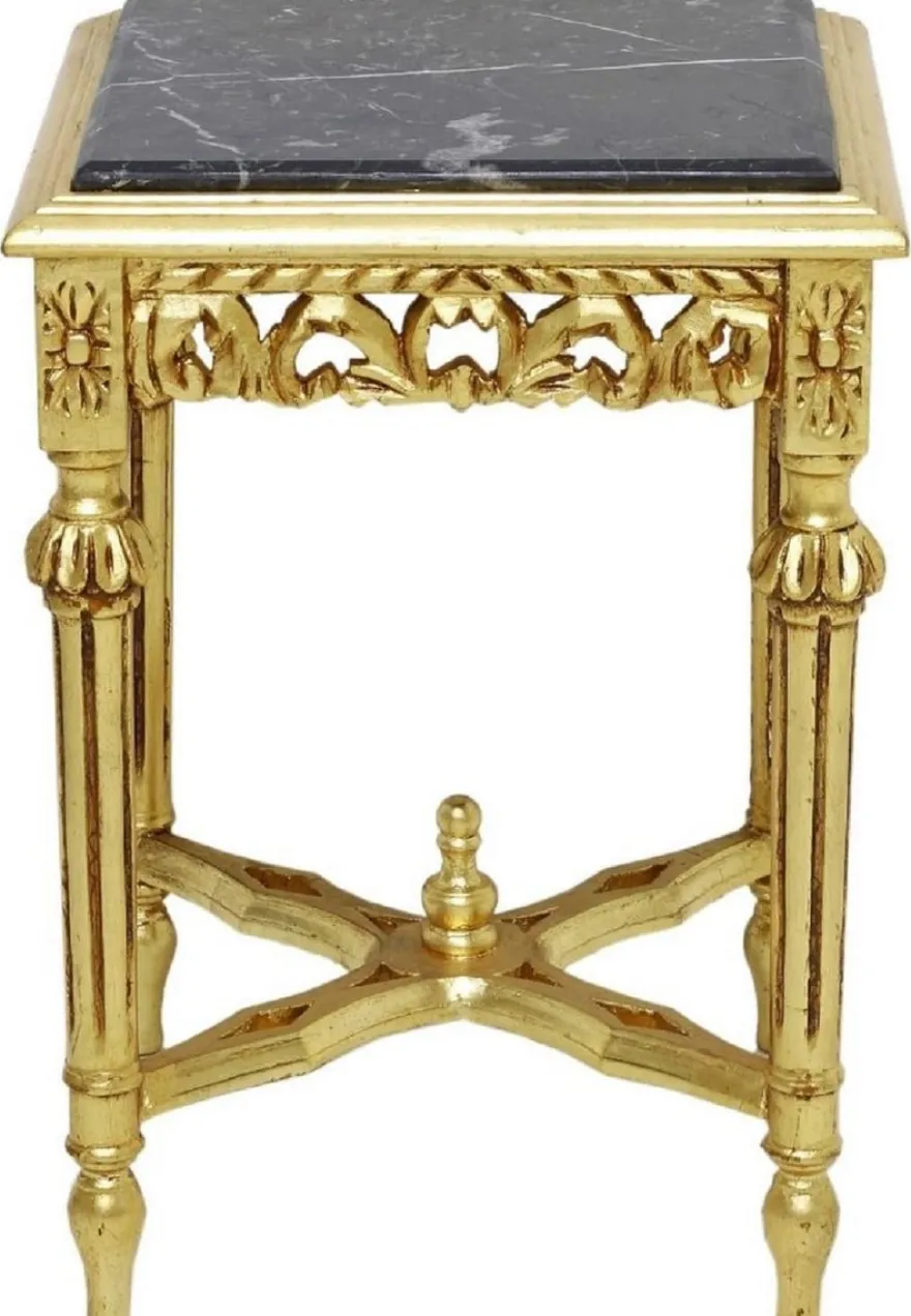 Casa Padrino Barock Beistelltisch Gold / Schwarz - Prunkvoller Massivholz Tisch mit Marmorplatte - Barock Wohnzimmer Möbel