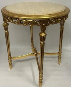 Casa Padrino Barock Beistelltisch Gold / Beige - 60 x H 70 cm Runder Antik Stil Massivholz Tisch mit Marmorplatte - Wohnzimmer Möbel im Barockstil - Antik Stil Möbel - Barock Möbel