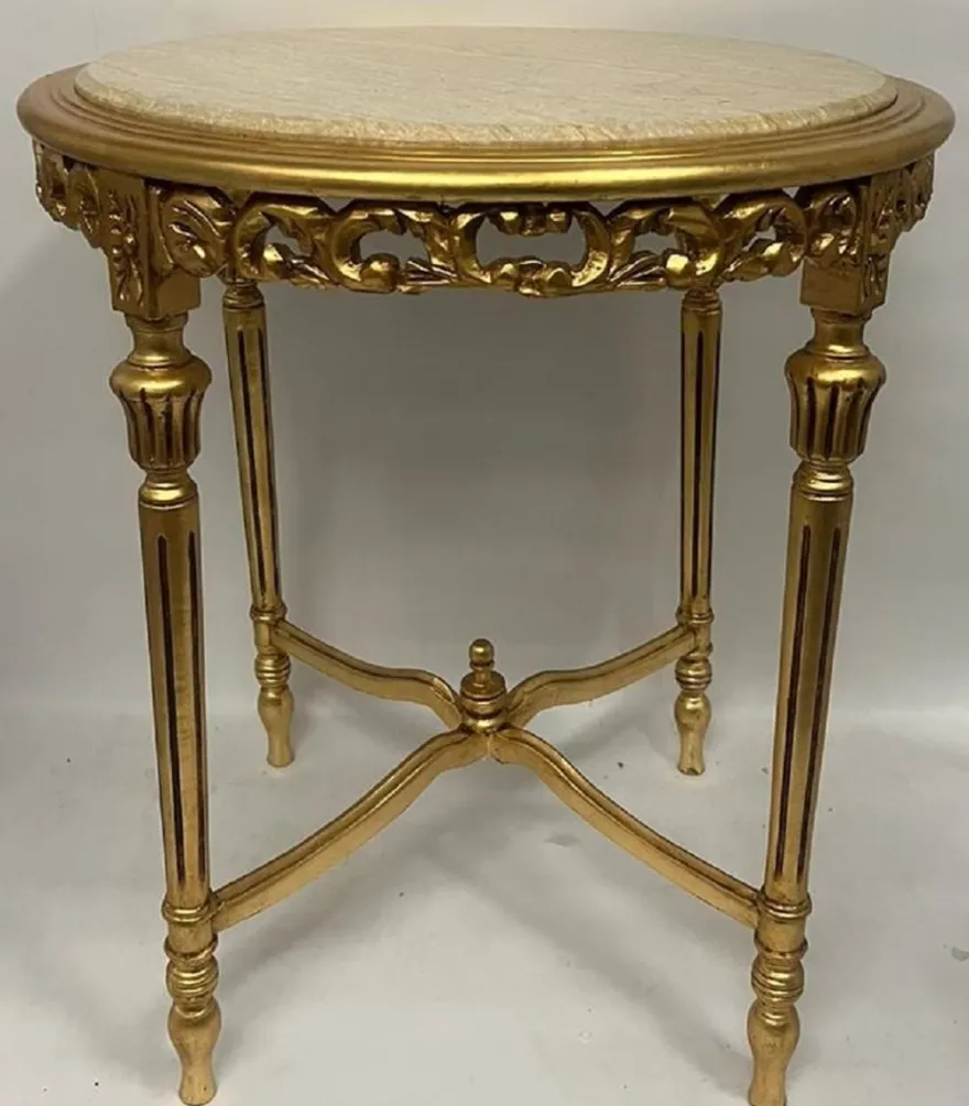 Casa Padrino Barock Beistelltisch Gold / Beige - 60 x H 70 cm Runder Antik Stil Massivholz Tisch mit Marmorplatte - Wohnzimmer Möbel im Barockstil - Antik Stil Möbel - Barock Möbel