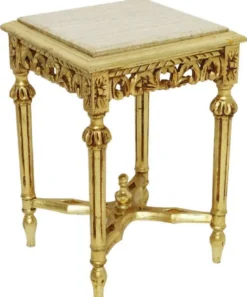 Casa Padrino Barock Beistelltisch Gold / Cremefarben - Prunkvoller Massivholz Tisch mit Marmorplatte - Barock Wohnzimmer Möbel