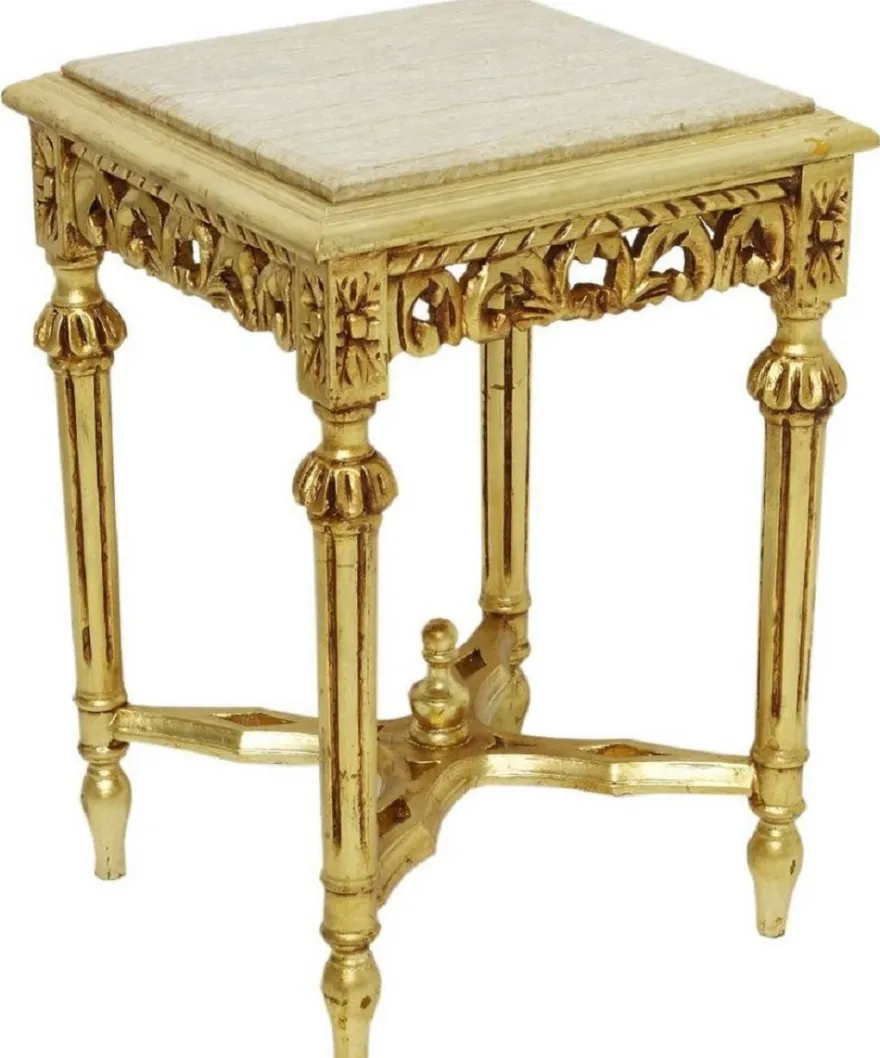 Casa Padrino Barock Beistelltisch Gold / Cremefarben - Prunkvoller Massivholz Tisch mit Marmorplatte - Barock Wohnzimmer Möbel