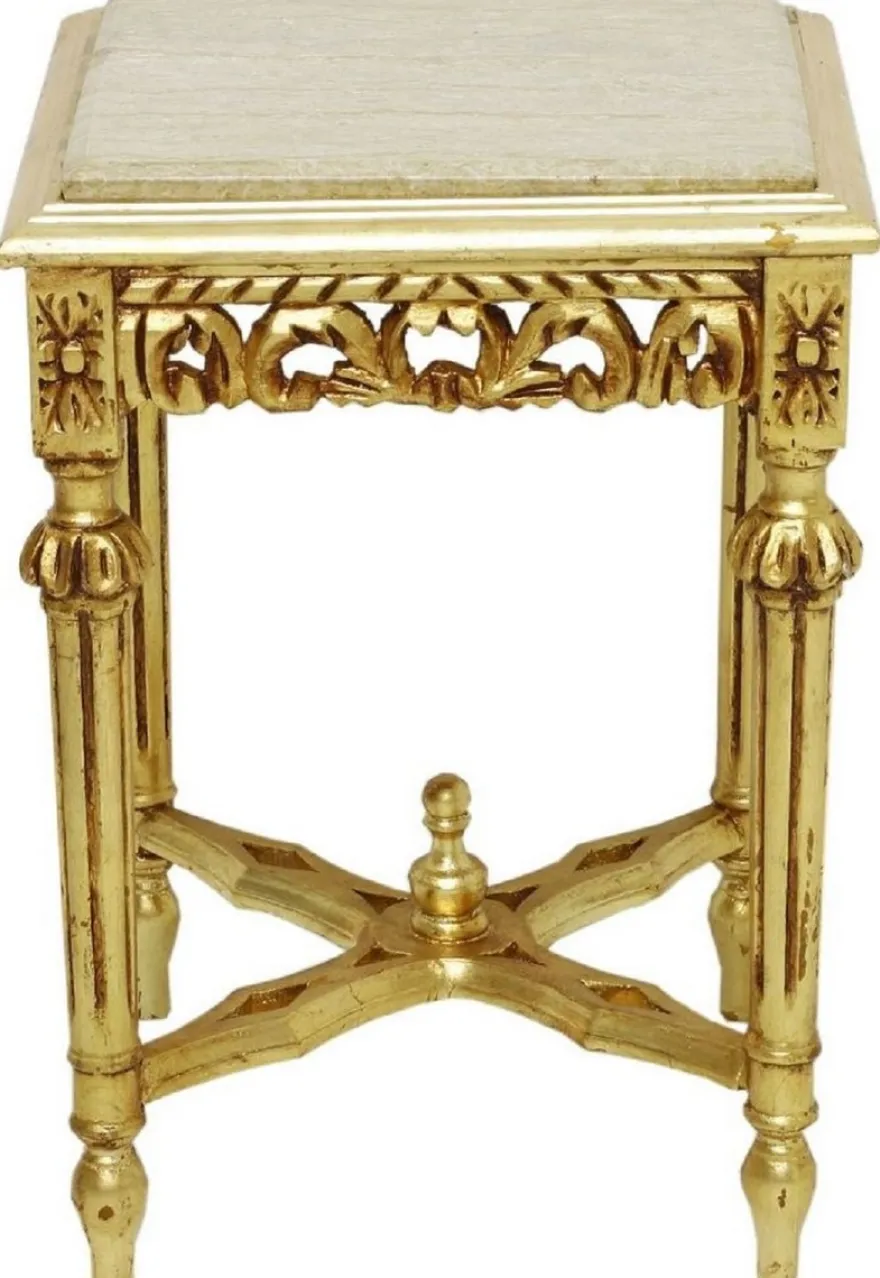 Casa Padrino Barock Beistelltisch Gold / Cremefarben - Prunkvoller Massivholz Tisch mit Marmorplatte - Barock Wohnzimmer Möbel