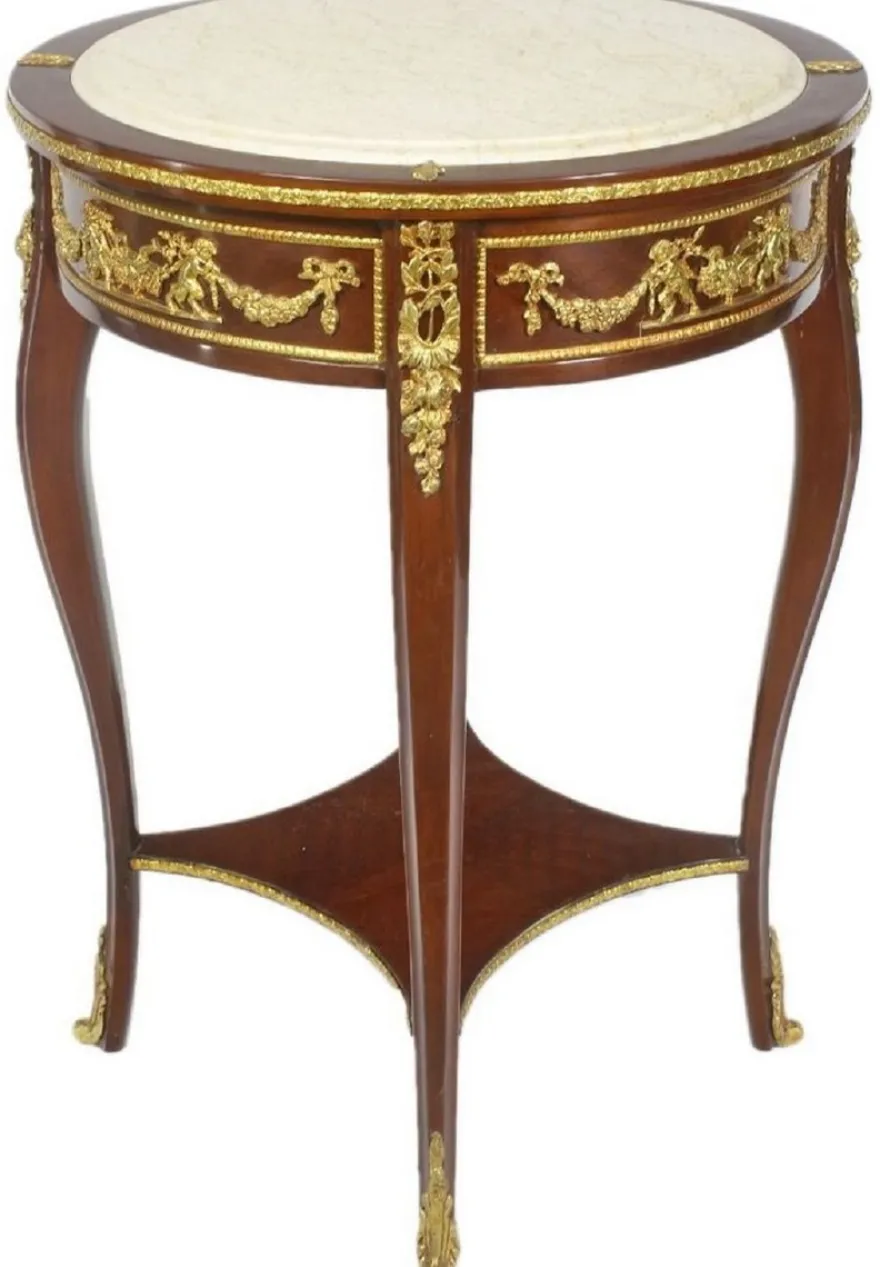 Casa Padrino Barock Beistelltisch mit Marmorplatte Braun / Gold / Creme Ø 45 x H. 75 cm - Runder Tisch im Barockstil - Barock Möbel