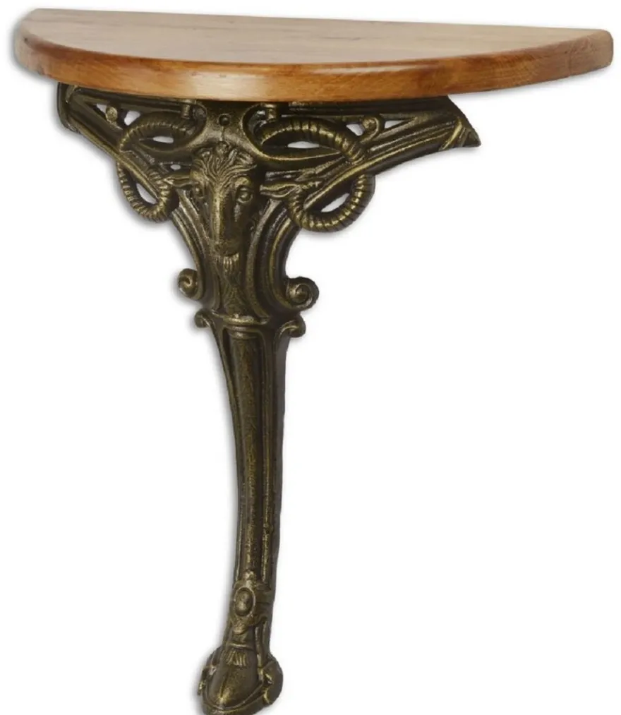 Casa Padrino Barock Beistelltisch Hellbraun / Bronze 63 x 31 x H. 65,5 cm - Halbrunder Tisch mit Holzplatte und Gusseisen Bein - Barock Wandtisch
