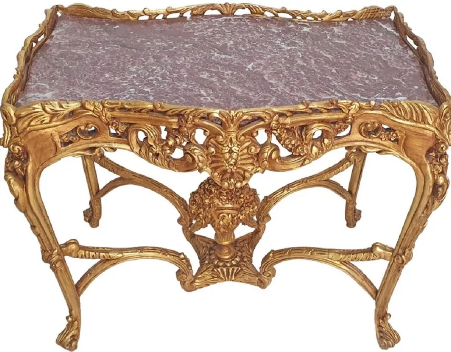 Casa Padrino Barock Beistelltisch Gold / Grau - Rechteckiger Antik Stil Tisch mit Marmorplatte - Wohnzimmer Möbel im Barockstil - Antik Stil Möbel - Barock Möbel