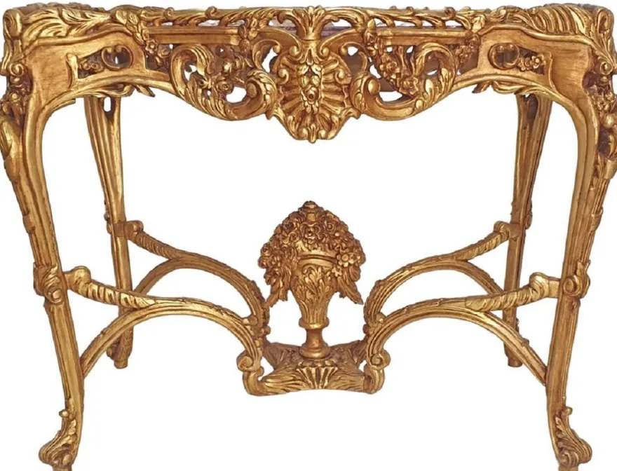 Casa Padrino Barock Beistelltisch Gold / Grau - Rechteckiger Antik Stil Tisch mit Marmorplatte - Wohnzimmer Möbel im Barockstil - Antik Stil Möbel - Barock Möbel