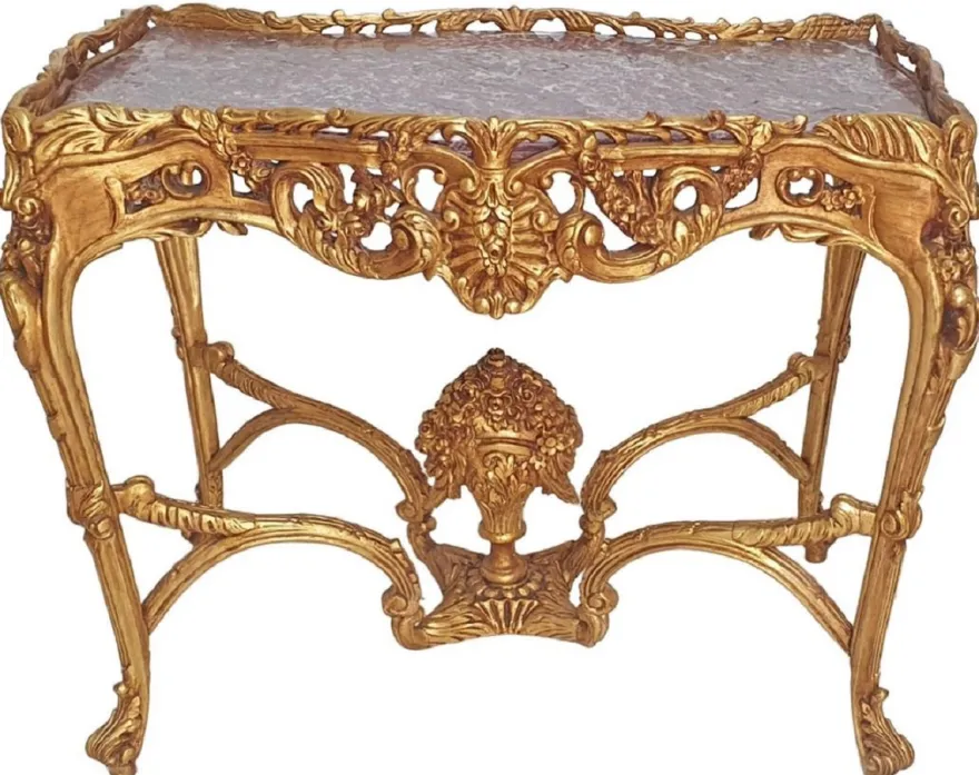 Casa Padrino Barock Beistelltisch Gold / Grau - Rechteckiger Antik Stil Tisch mit Marmorplatte - Wohnzimmer Möbel im Barockstil - Antik Stil Möbel - Barock Möbel