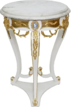 Casa Padrino Barock Beistelltisch Weiß / Gold - Runder Antik Stil Tisch mit Marmorplatte - Barock Wohnzimmer Möbel