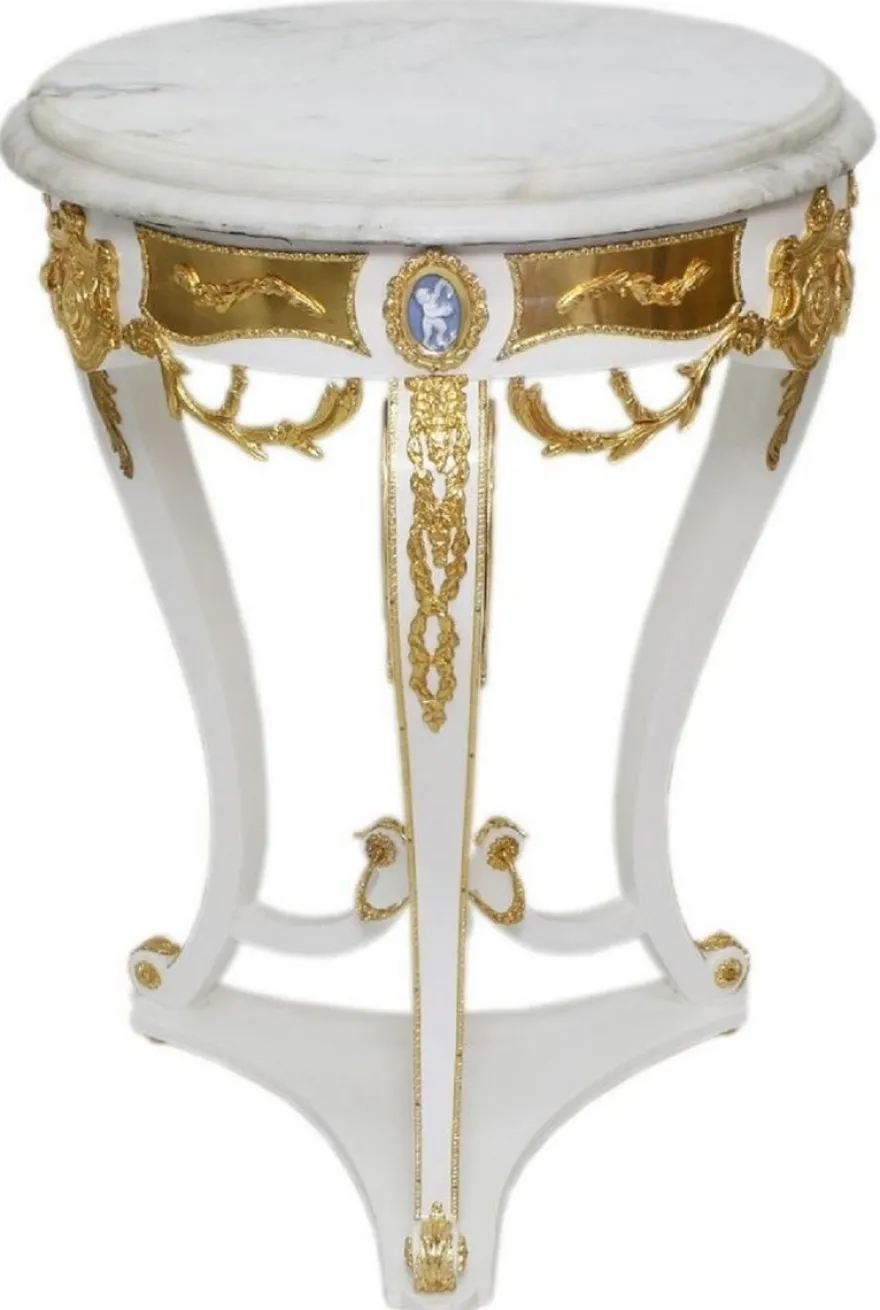 Casa Padrino Barock Beistelltisch Weiß / Gold - Runder Antik Stil Tisch mit Marmorplatte - Barock Wohnzimmer Möbel
