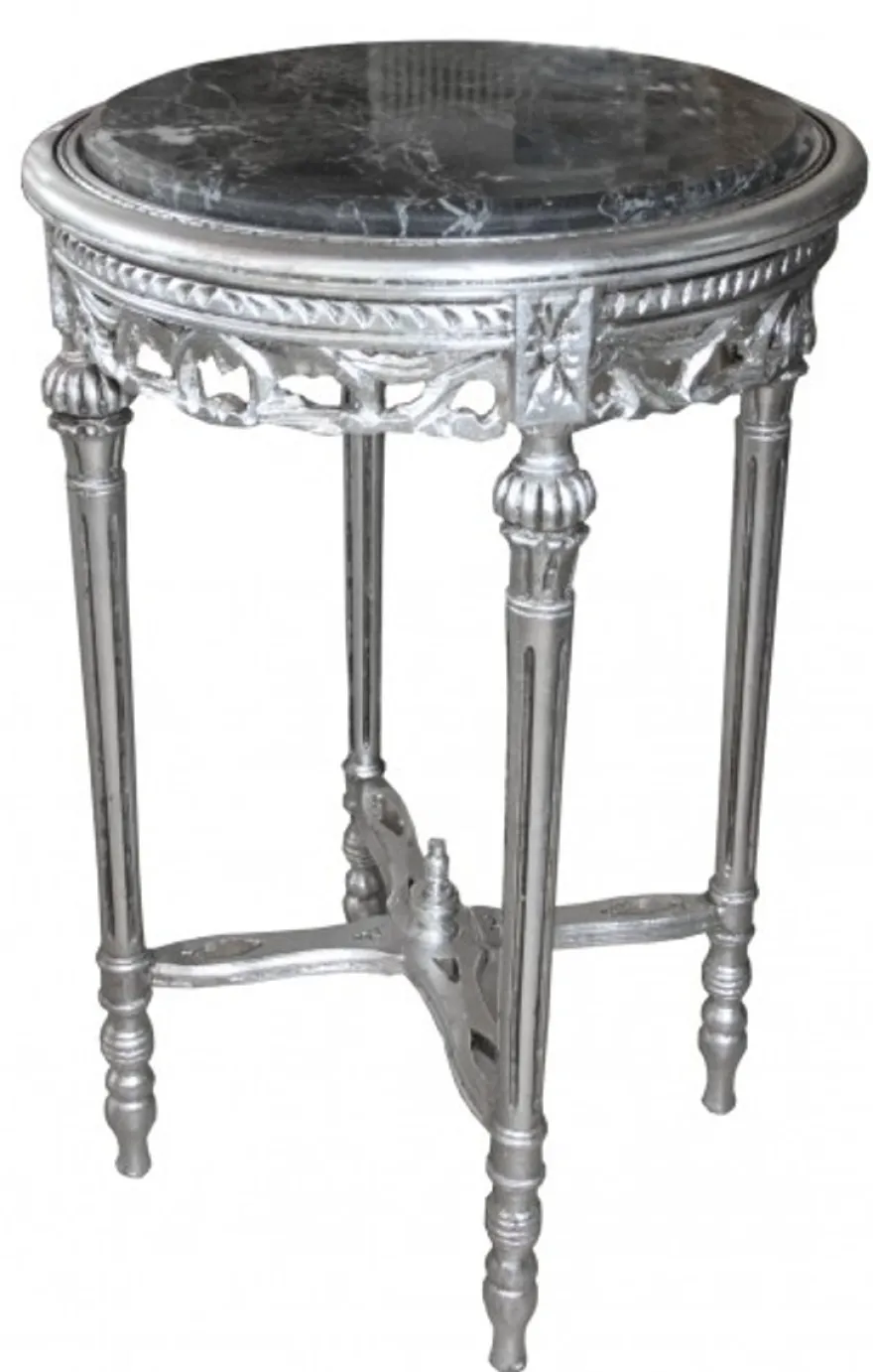 Casa Padrino Barock Beistelltisch Rund Silber Grau Marmorplatte 72 x 49 cm Antik Stil
