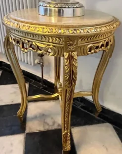 Casa Padrino Barock Beistelltisch Gold / Grau - Runder Antik Stil Tisch mit Marmorplatte - Barockstil Wohnzimmer Möbel im Barockstil - Barock Möbel