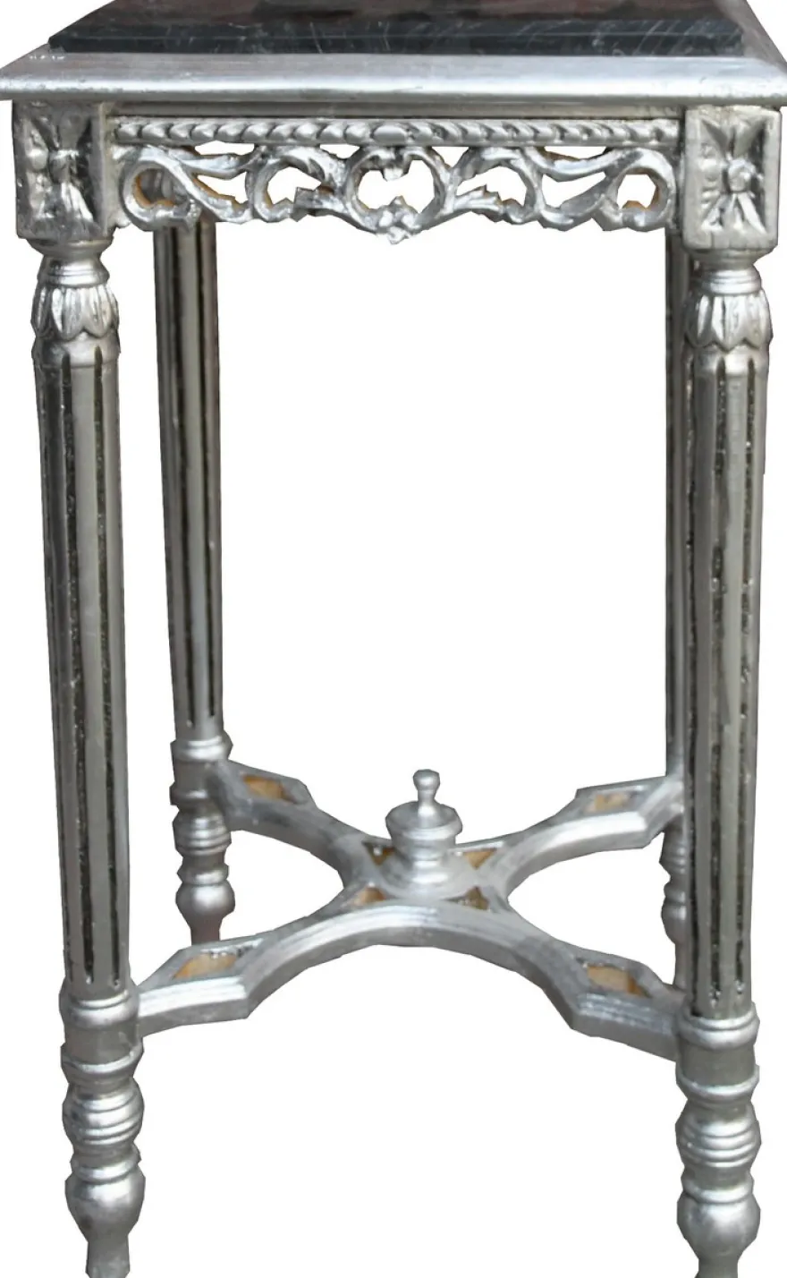 Casa Padrino Barock Beistelltisch Eckig Silber mit schwarzer Marmorplatte 41 x 41 x H 73 cm Antik Stil - Blumen Telefon Tisch