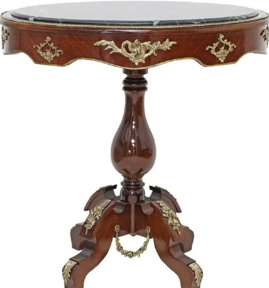 Casa Padrino Barock Beistelltisch Dunkelbraun / Messing / Schwarz - Ovaler Massivholz Antik Stil Tisch mit Marmorplatte - Barock Wohnzimmer Möbel