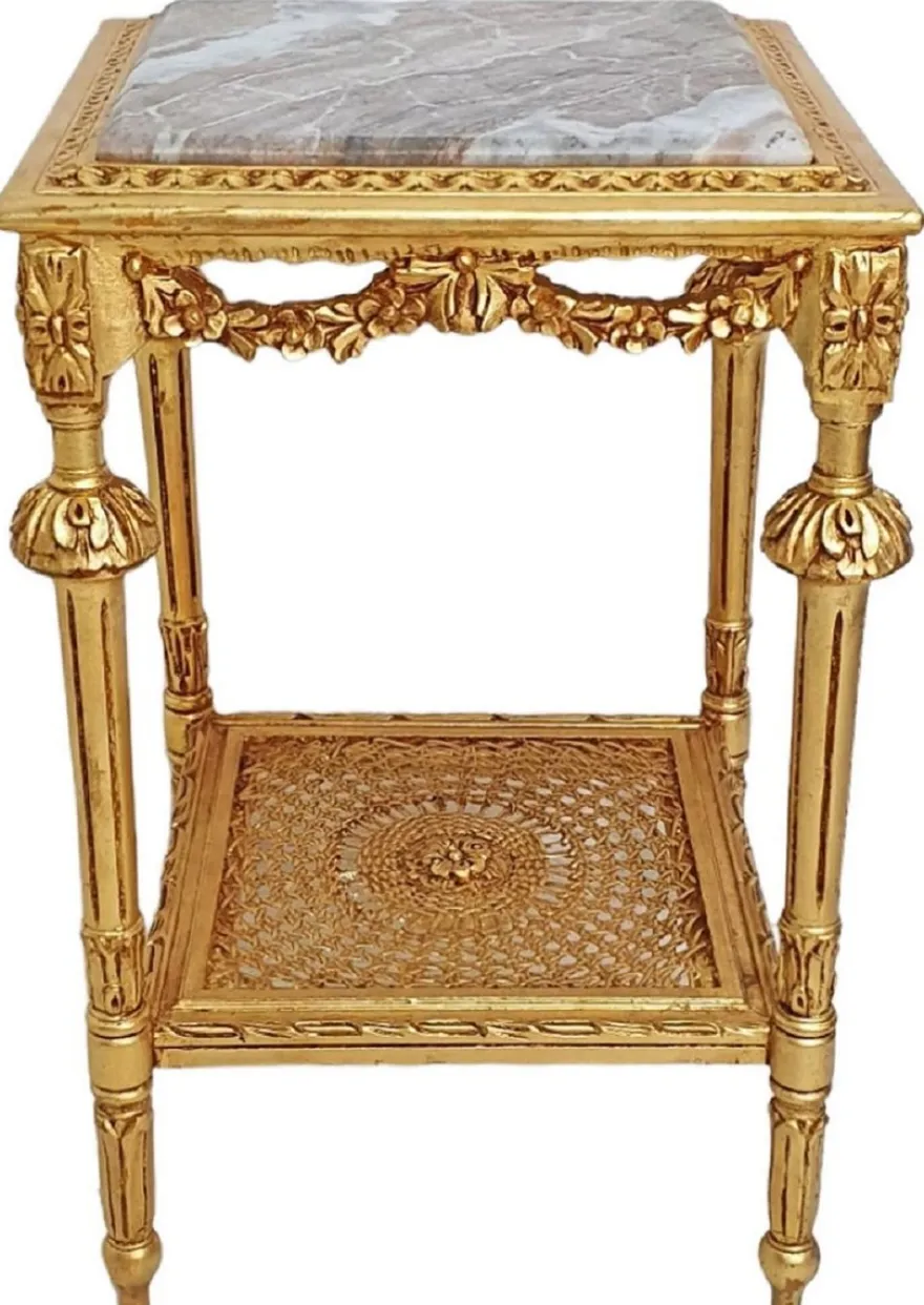 Casa Padrino Barock Beistelltisch Gold / Grau - Prunkvoller Antik Stil Massivholz Tisch mit Marmorplatte - Wohnzimmer Möbel im Barockstil - Barock Möbel