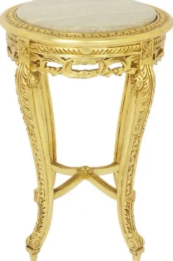 Casa Padrino Barock Beistelltisch mit Marmorplatte Gold / Creme Ø 40 x H. 60 cm - Runder Antik Stil Tisch - Barock Wohnzimmer Möbel