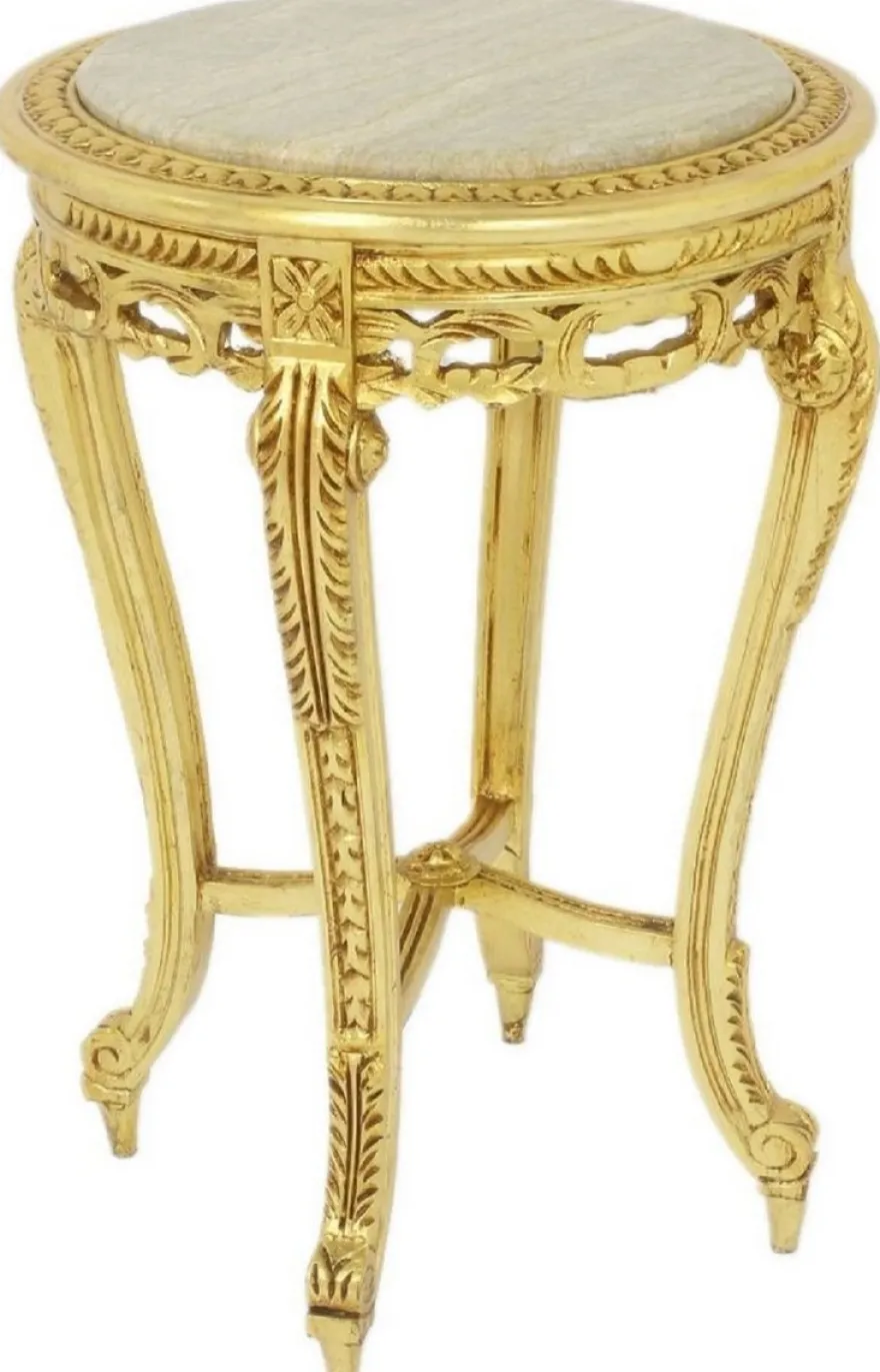 Casa Padrino Barock Beistelltisch mit Marmorplatte Gold / Creme Ø 40 x H. 60 cm - Runder Antik Stil Tisch - Barock Wohnzimmer Möbel