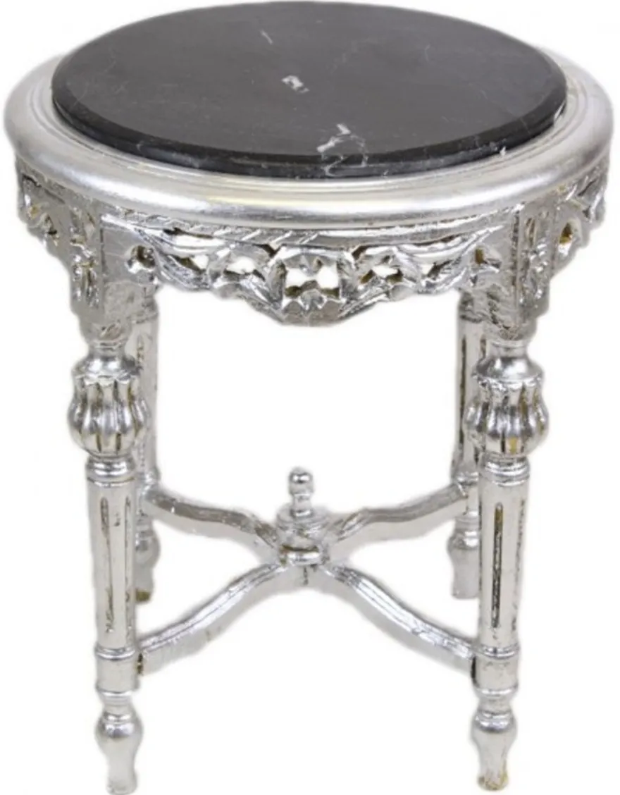 Casa Padrino Barock Beistelltisch mit schwarzer Marmorplatte Rund Silber 50 x 45 cm Antik Stil