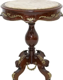 Casa Padrino Barock Beistelltisch Dunkelbraun / Messing / Creme - Antik Stil Massivholz Tisch mit runder Marmorplatte - Barock Wohnzimmer Möbel