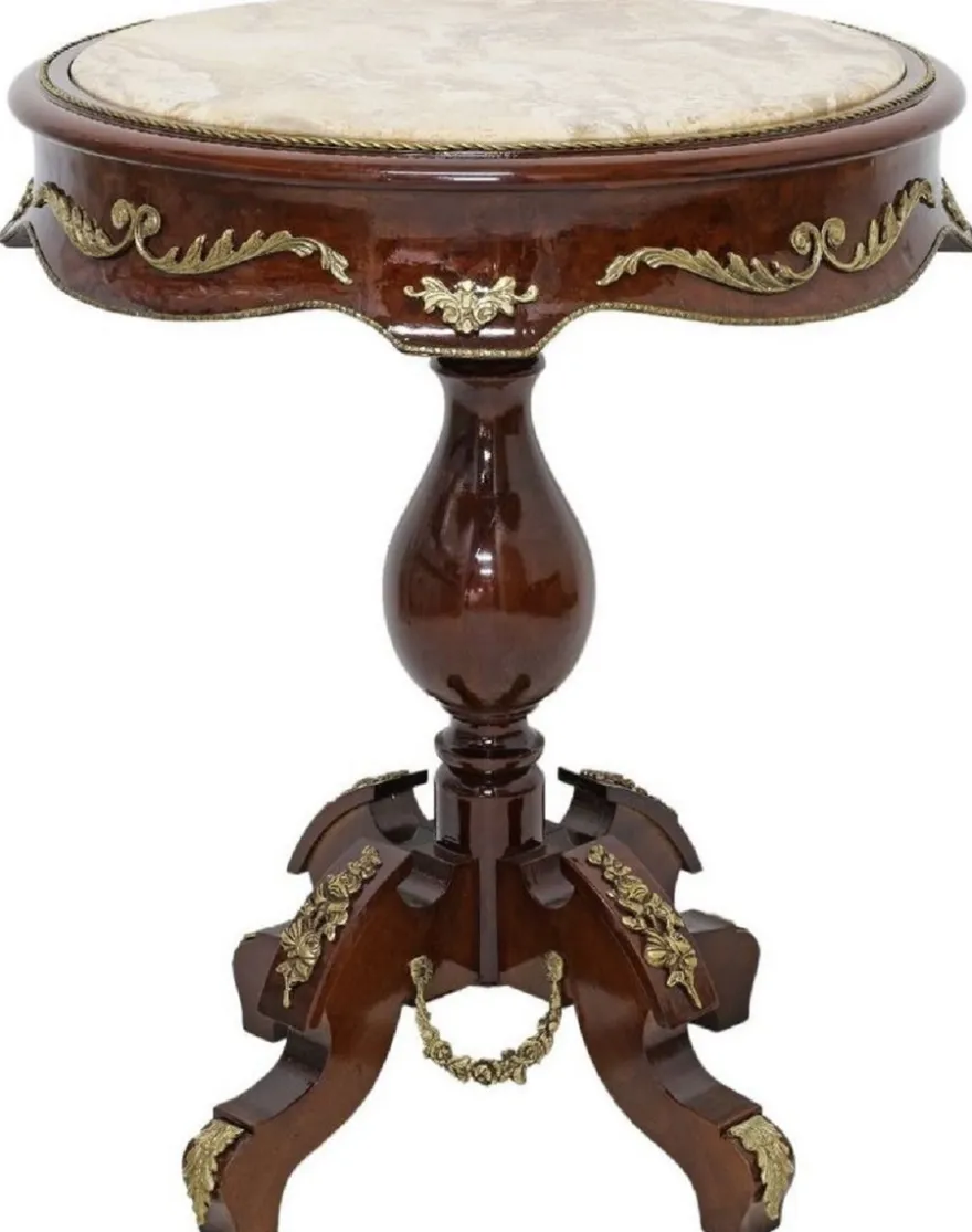 Casa Padrino Barock Beistelltisch Dunkelbraun / Messing / Creme - Antik Stil Massivholz Tisch mit runder Marmorplatte - Barock Wohnzimmer Möbel