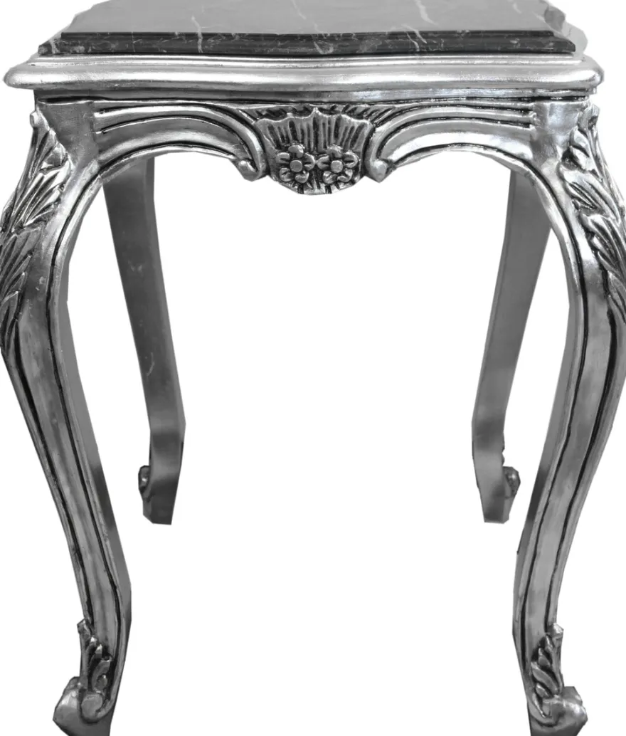 Casa Padrino Barock Beistelltisch Silber mit schwarzer Marmorplatte 52 x 52 x H. 65 cm - Barockmöbel Beistell Tisch