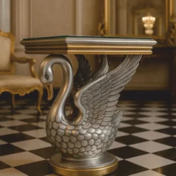 Casa Padrino Barock Beistelltisch Schwan mit Glasplatte Silber / Gold H. 78 cm - Barock Interior