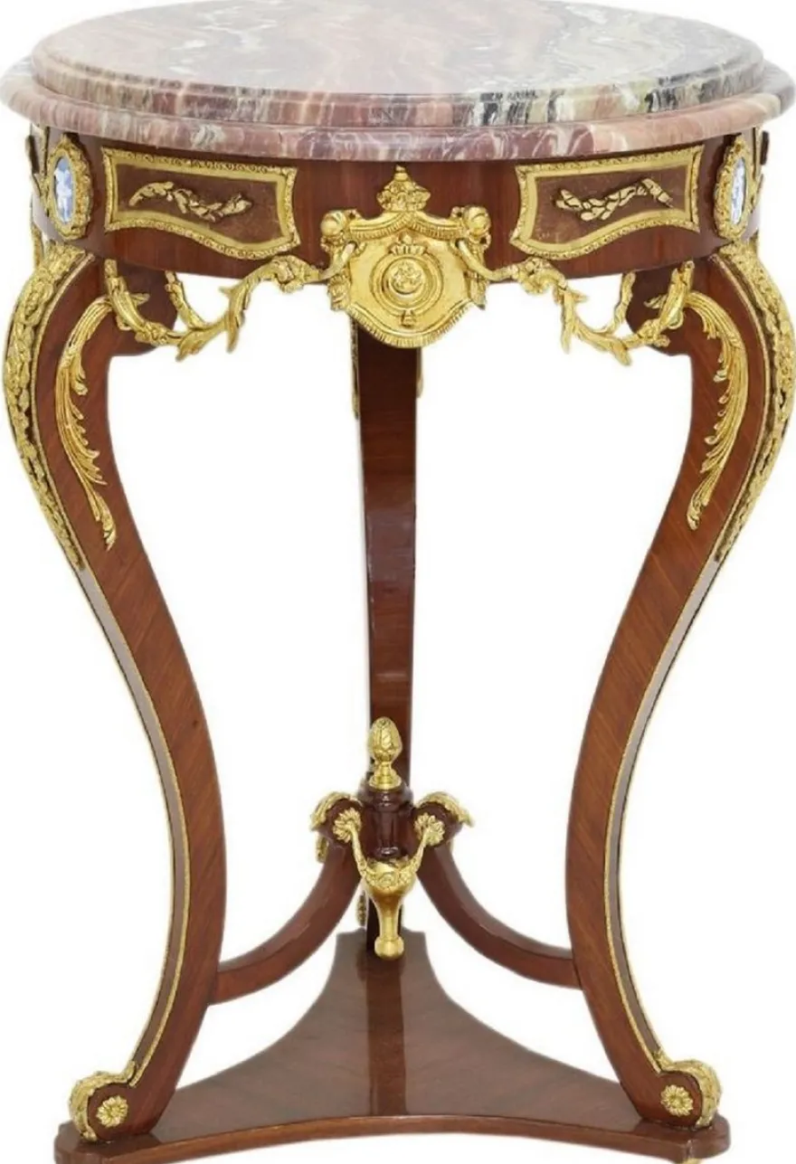 Casa Padrino Barock Beistelltisch Braun / Gold / Rot Ø 55 x H. 78 cm - Runder Massivholz Tisch im Barockstil - Barock Wohnzimmer Möbel