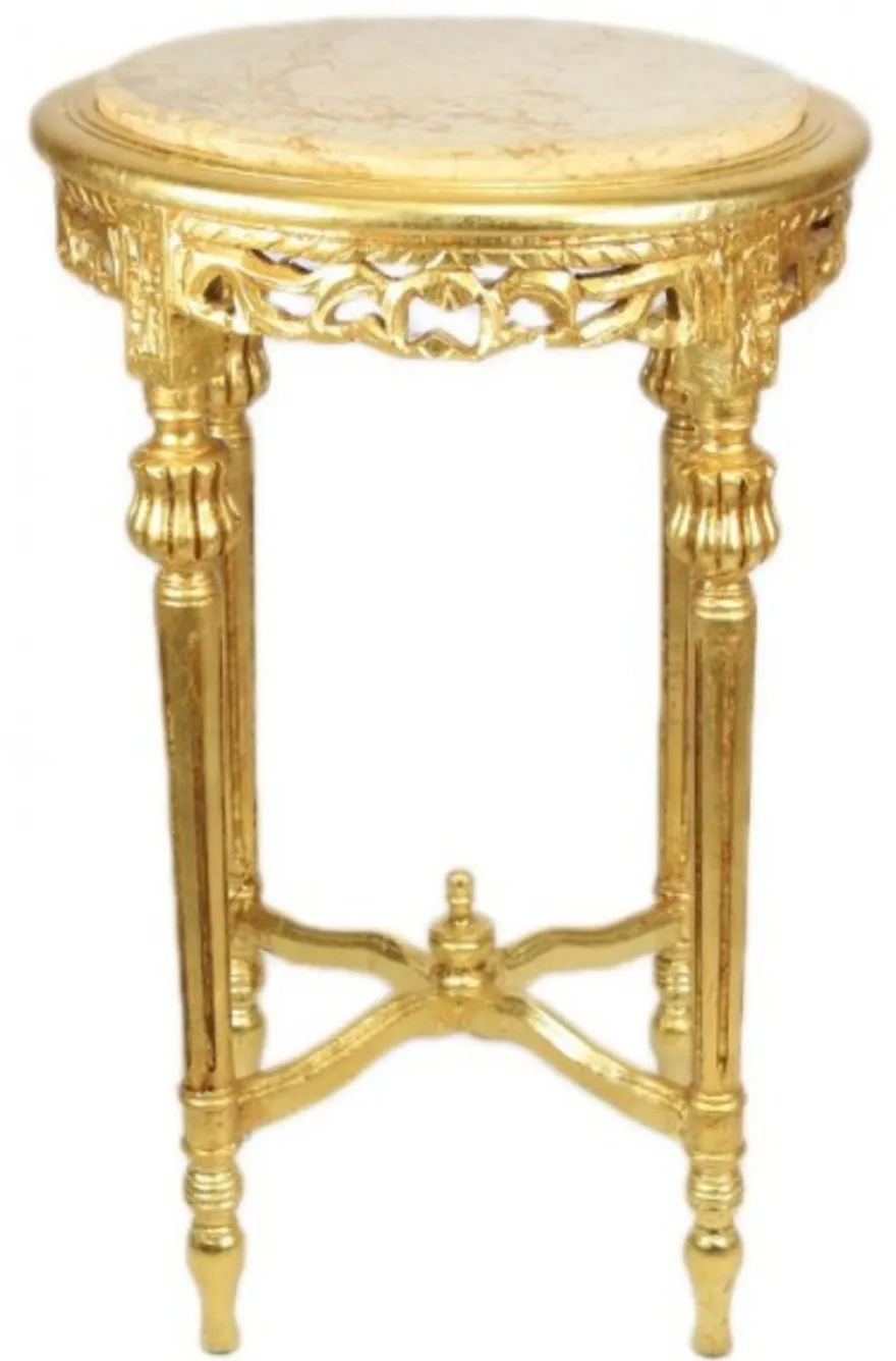 Casa Padrino Barock Beistelltisch mit cremefarbener Marmorplatte Rund Gold ca 70 x 45 cm Antik Stil