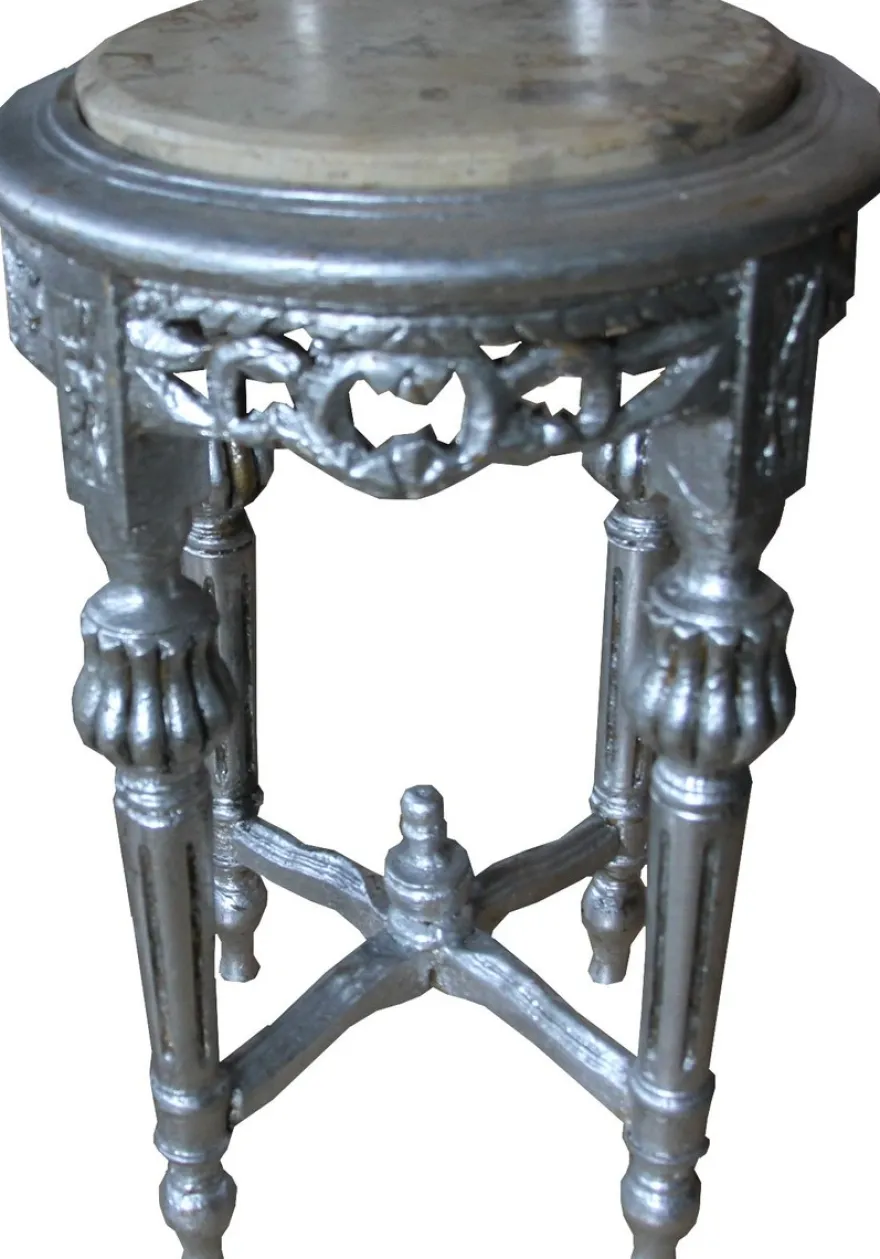 Casa Padrino Barock Beistelltisch Rund Silber / Creme mit Marmorplatte 32 cm x H. 53 cm Antik Stil