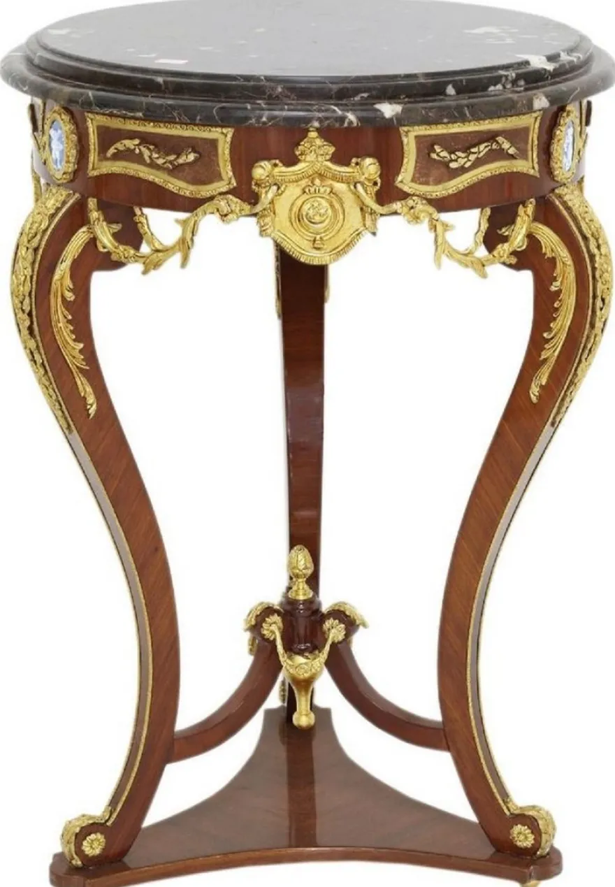 Casa Padrino Barock Beistelltisch Braun / Gold / Schwarz Ø 55 x H. 78 cm - Runder Massivholz Tisch im Barockstil - Barock Wohnzimmer Möbel