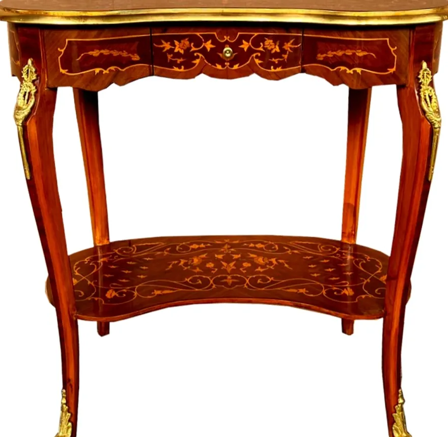 Casa Padrino Barock Beistelltisch mit Schublade Braun Intarsien / Gold - Antik Stil Konsole Kommode - Telefontisch - Möbel