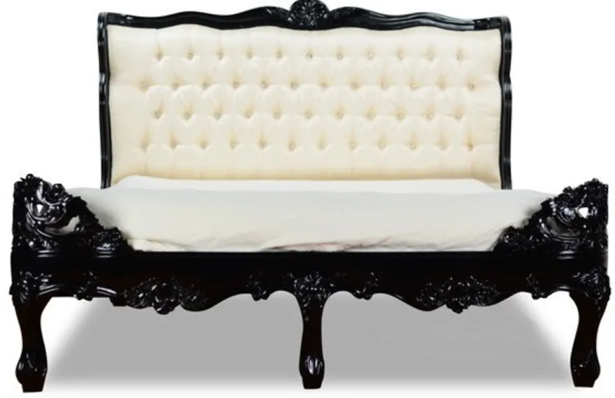 Casa Padrino Barock Bett Barocco Splendid Schwarz Hochglanz / Creme Satinstoff 180 x 200 cm