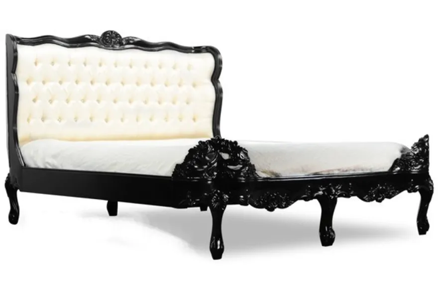 Casa Padrino Barock Bett Barocco Splendid Schwarz Hochglanz / Creme Satinstoff 180 x 200 cm
