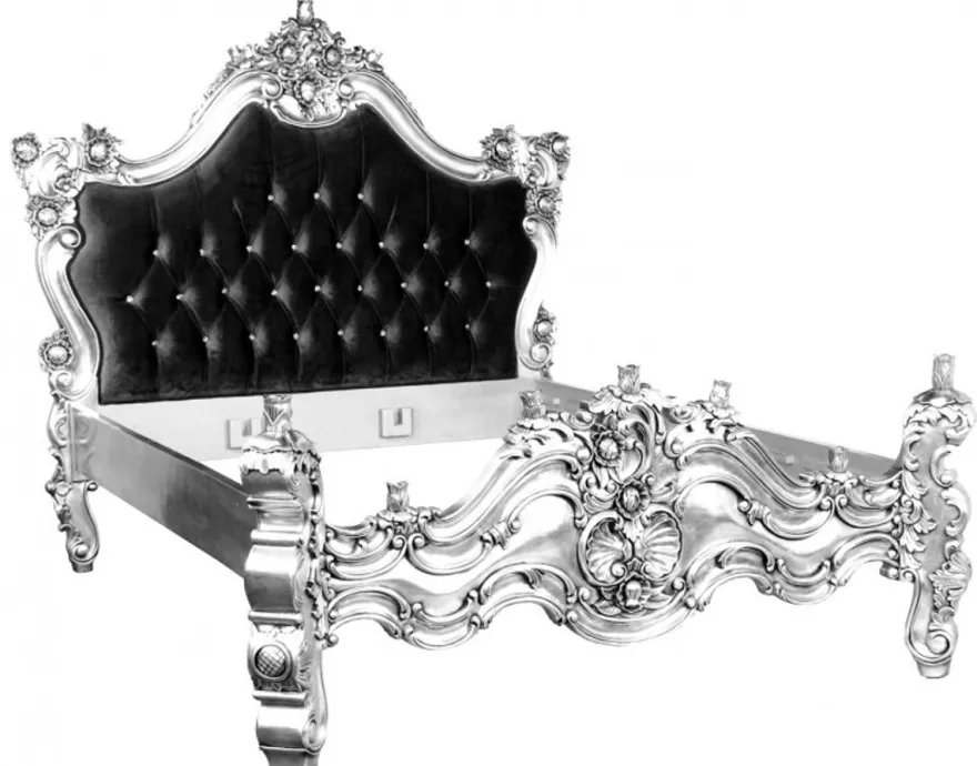 Casa Padrino Barock Bett Barocco Schwarz / Silber mit Bling Bling Glitzersteinen 180 x 200 cm