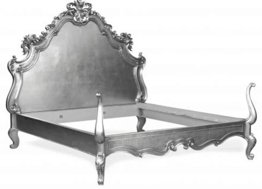 Casa Padrino Barock Bett Lusso Superior Silber 180 x 200 cm aus Mahagoni Massivholz