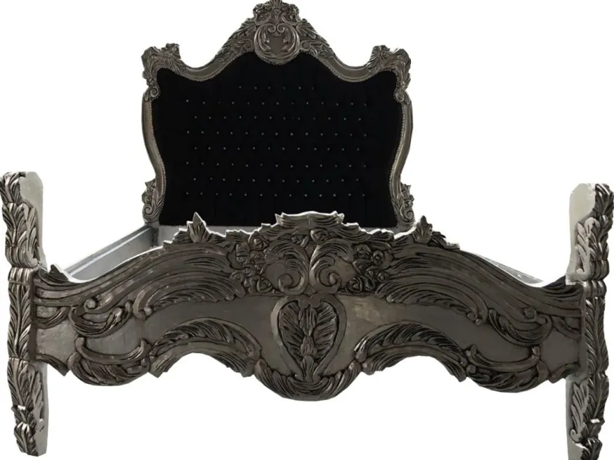 Casa Padrino Barock Bett Schwarz / Silber Bling Bling Glitzersteine 140 x 200 cm aus der Luxus Kollektion