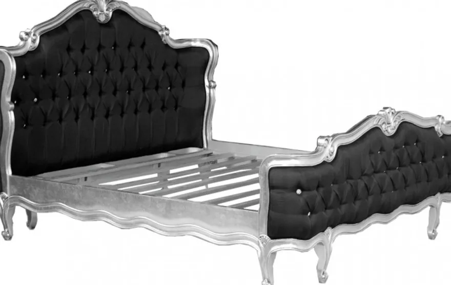 Casa Padrino Barock Bett St. Tropez Schwarz / Silber mit Bling Bling Glitzersteinen 180 x 200 cm