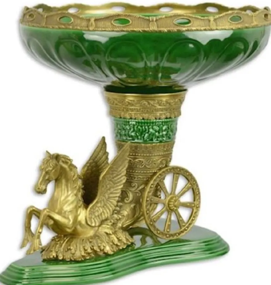 Casa Padrino Barock Blumenschale Grün / Messing 49,2 x 41 x H. 40,8 cm - Prunkvolle Porzellan Pflanzenschale mit elegantem Bronze Pegasus Pferd - Deko Accessoires im Barockstil