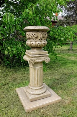 Casa Padrino Barock Blumentopf mit Säule Grau Ø 39 x H. 110 cm - Prunkvoller Pflanzentopf mit Gartensäule im Barockstil - Barock Garten Deko Accessoires
