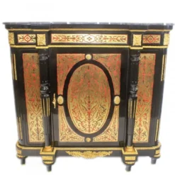 Casa Padrino Barock Boulle Kommode Schwarz / Gold / Rot mit Marmorplatte 130 cm - Möbel Schrank Sideboard