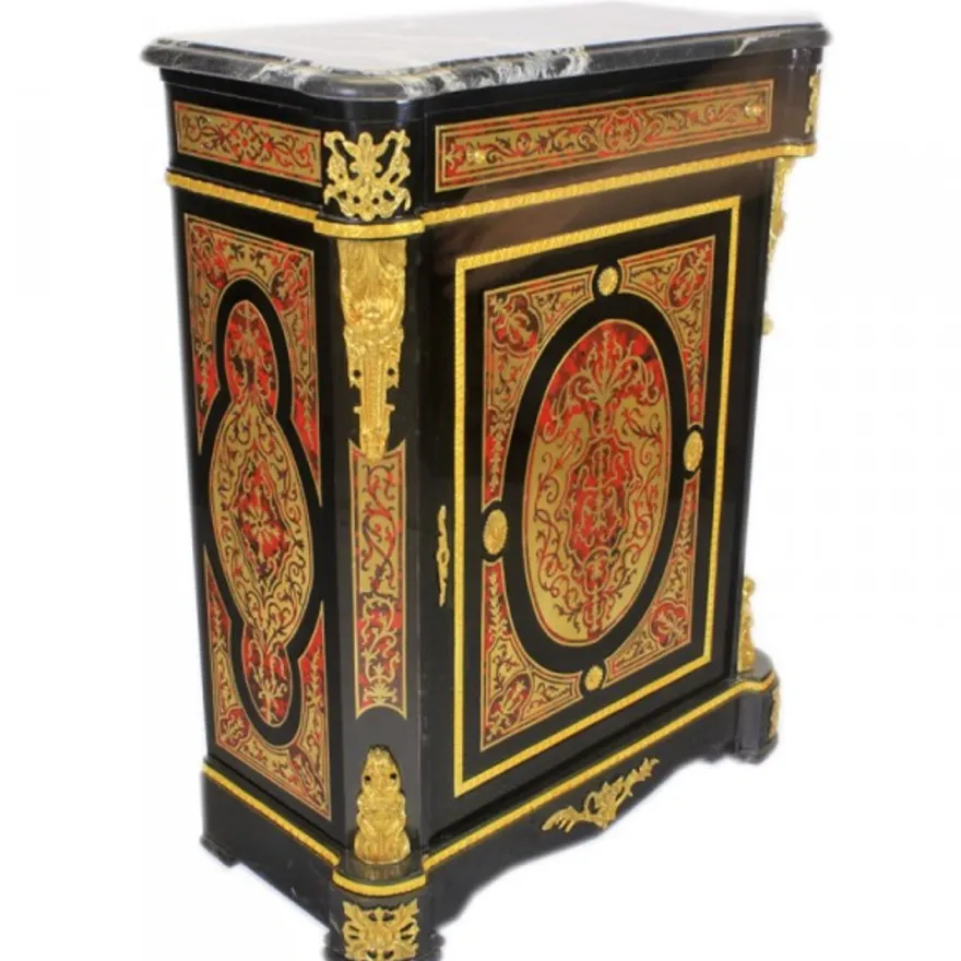 Casa Padrino Barock Boulle Kommode im Antik Stil in Schwarz, Gold und Rot mit Marmorplatte 95 x 45 x H 105 cm