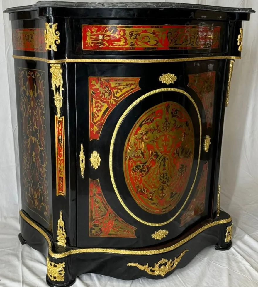 Casa Padrino Barock Boulle Kommode mit Marmorplatte Schwarz / Rot / Gold - Barock Möbel
