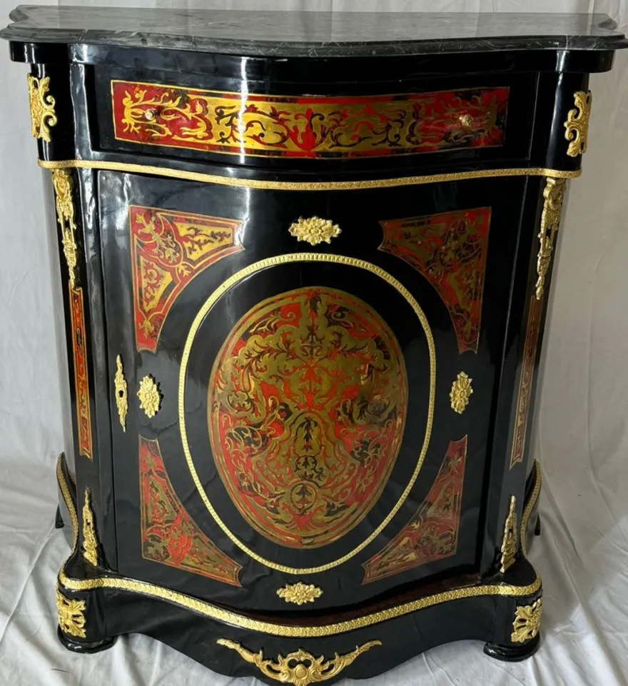 Casa Padrino Barock Boulle Kommode mit Marmorplatte Schwarz / Rot / Gold - Barock Möbel