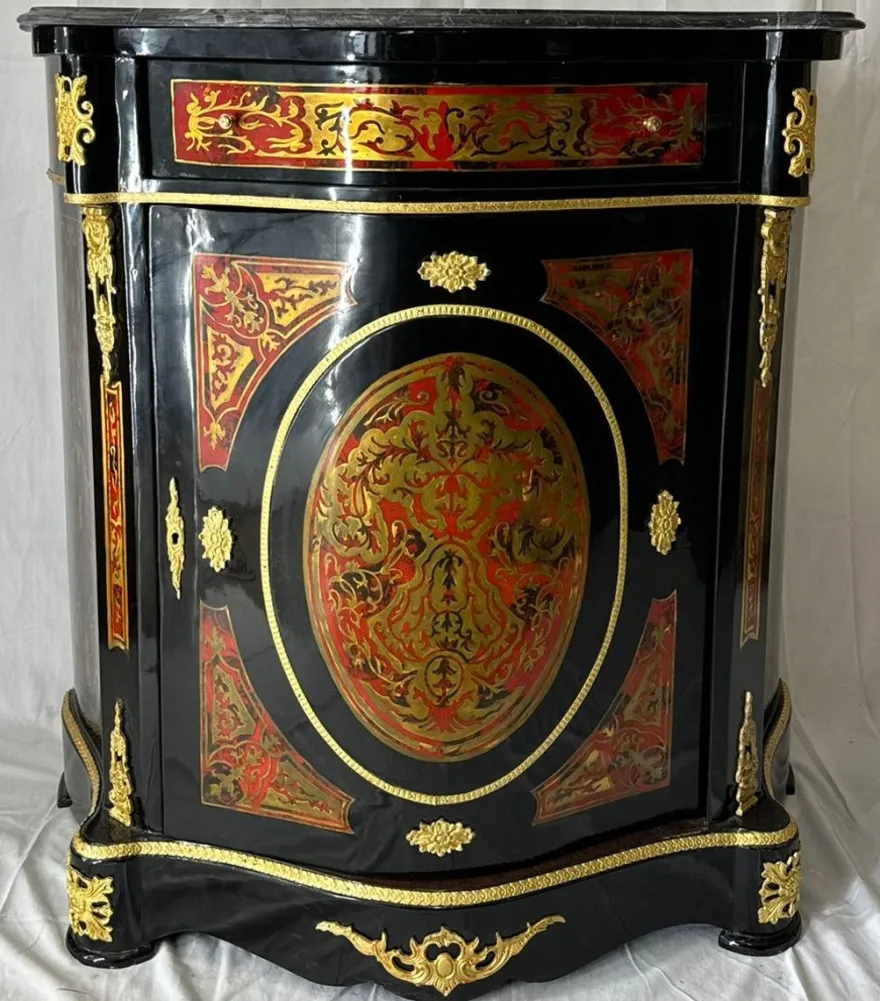 Casa Padrino Barock Boulle Kommode mit Marmorplatte Schwarz / Rot / Gold - Barock Möbel