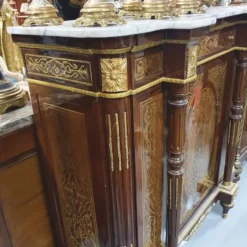 Casa Padrino Barock Boulle Kommode Braun / Gold mit weißer Marmorplatte 130 cm - Möbel Schrank Sideboard