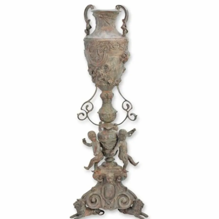 Casa Padrino Barock Bronze Vase auf Ständer Antik Grau H. 154 cm - Barock Deko