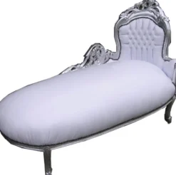 Casa Padrino Barock Chaiselongue King Weiß/Silber in Lederoptik, Länge 155 cm, Breite 70 cm, Höhe 100 cm