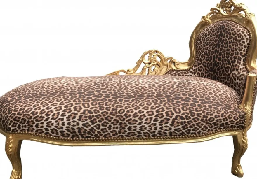 Casa Padrino Barock Chaiselongue King Leopard / Gold - Luxuriöse Recamiere aus Massivholz, 155 x 70 x 100 cm