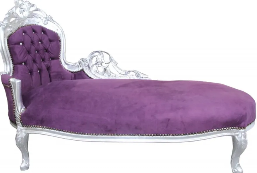 Casa Padrino Barock Chaiselongue King Lila/Silber mit Bling Bling Glitzersteinen, 155 x 70 x 100 cm